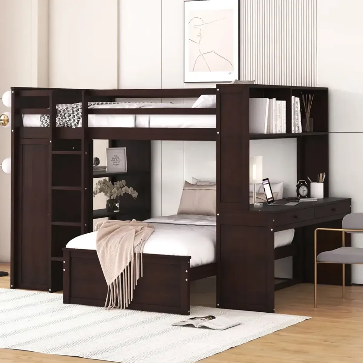 Full Size Loft Bed With A Twin Size Stand-Alone Bed, Shelves, Desk, And Wardrobe