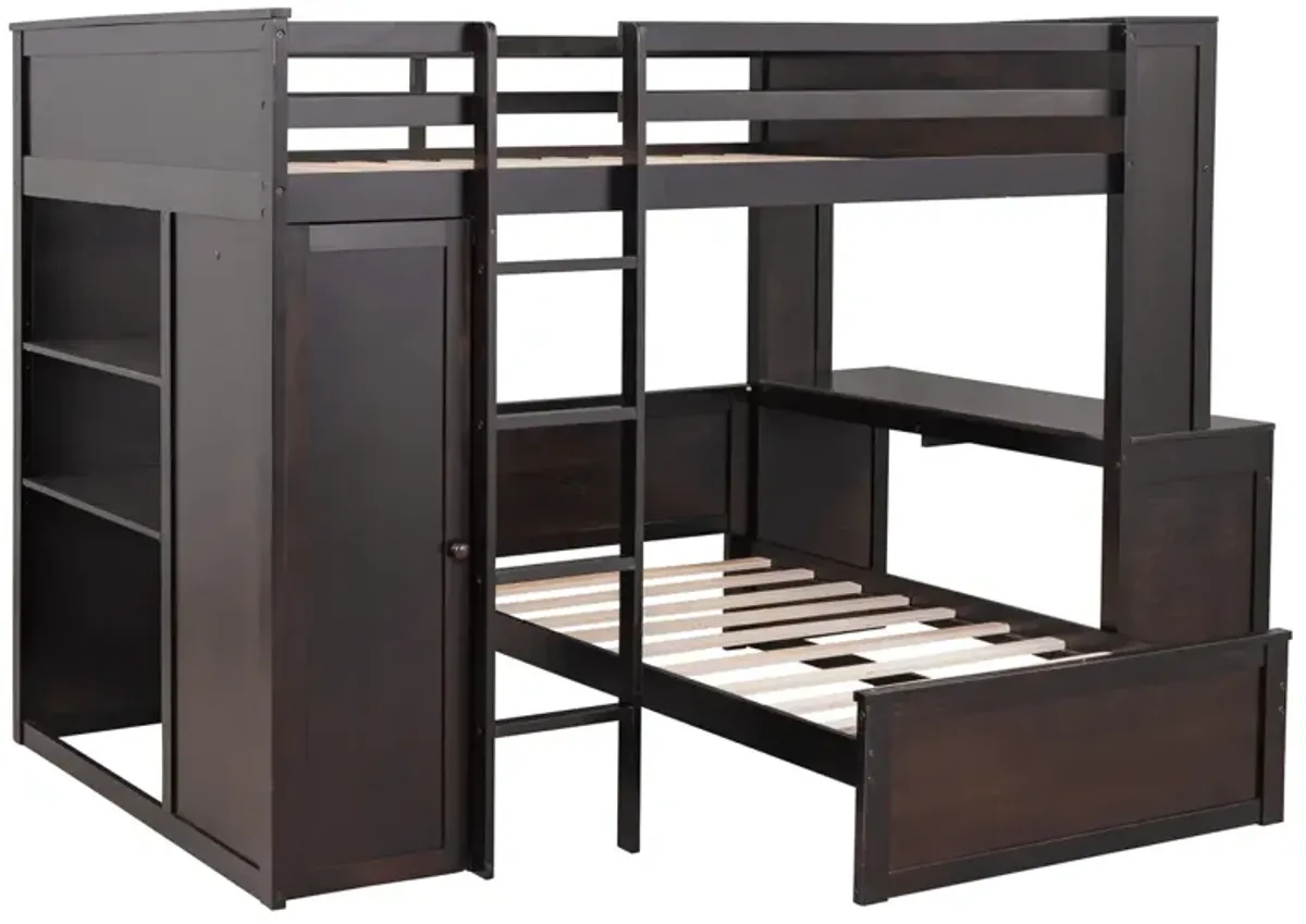 Full Size Loft Bed With A Twin Size Stand-Alone Bed, Shelves, Desk, And Wardrobe