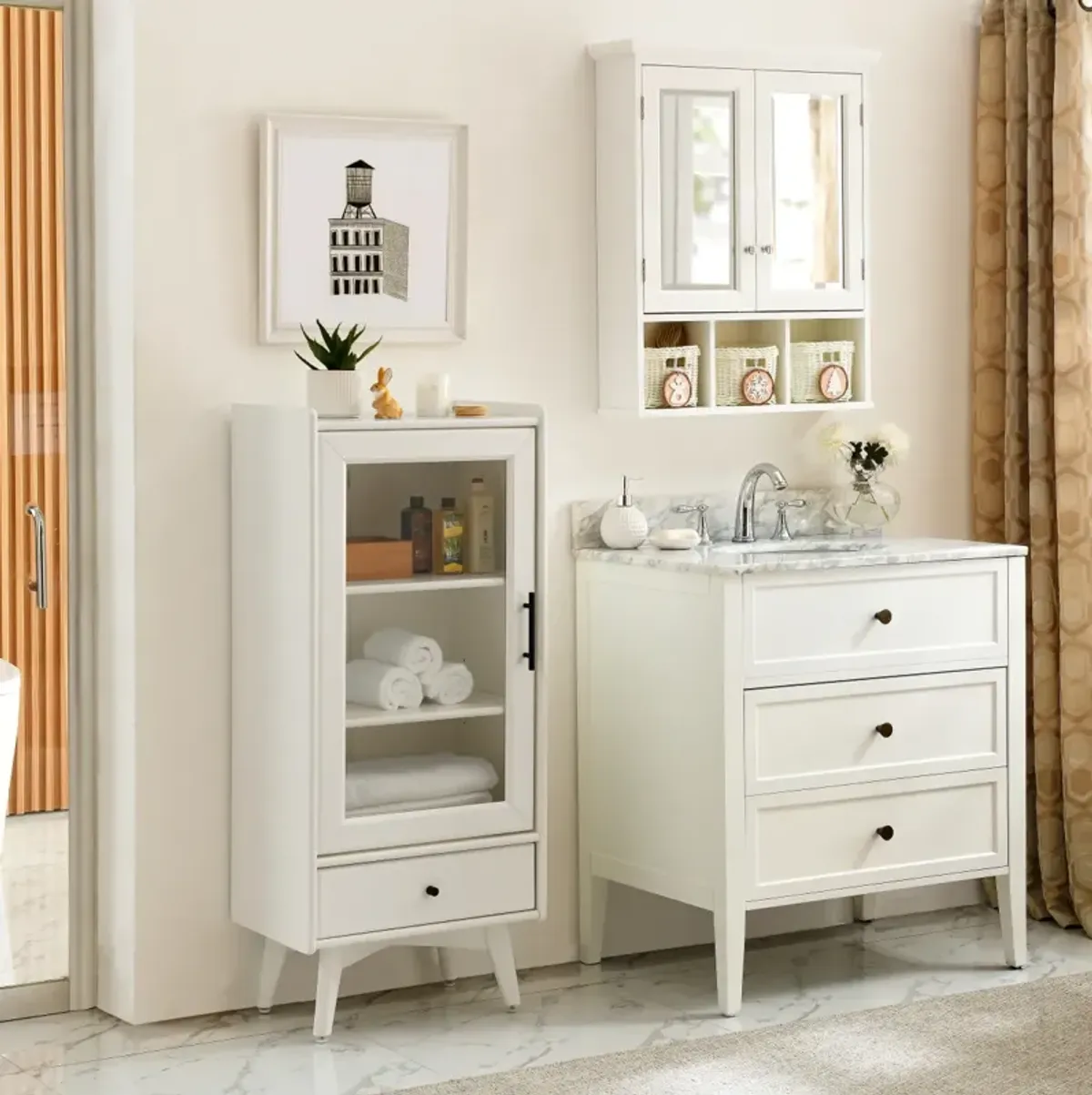 White Bathroom Storage Cabinet with Glass Door & Drawer (19.75"X13.75"X46")