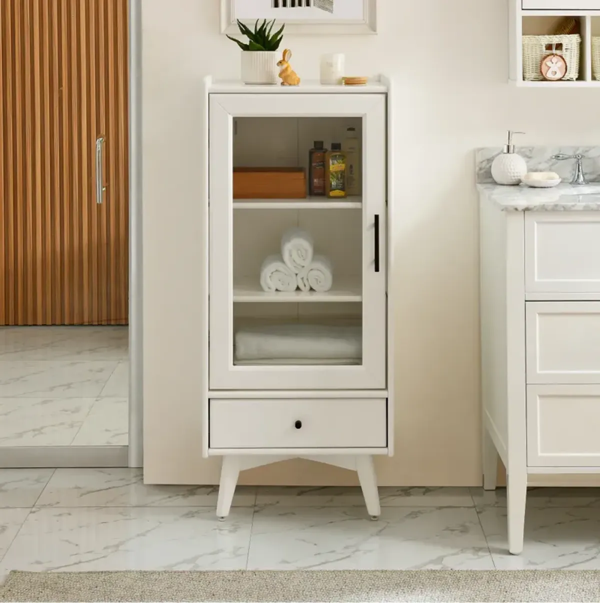 White Bathroom Storage Cabinet with Glass Door & Drawer (19.75"X13.75"X46")