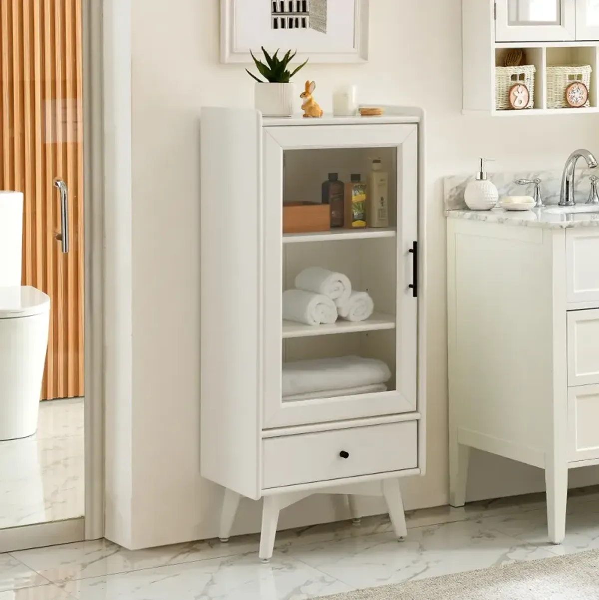 White Bathroom Storage Cabinet with Glass Door & Drawer (19.75"X13.75"X46")