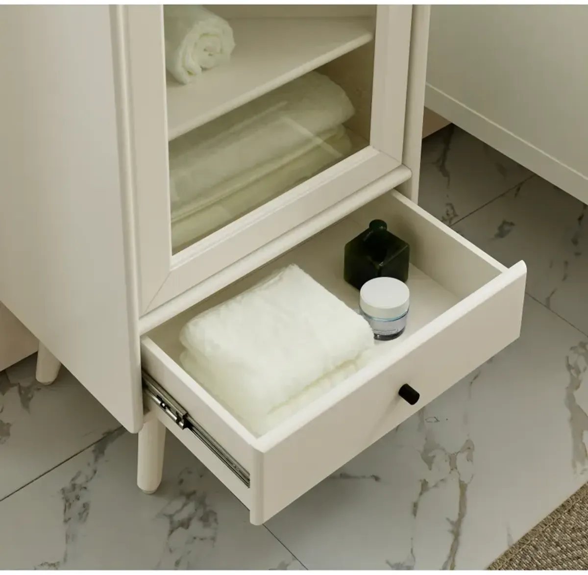 White Bathroom Storage Cabinet with Glass Door & Drawer (19.75"X13.75"X46")