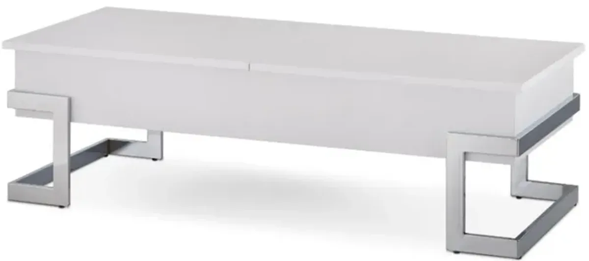 Yadlio Coffee Table - Rectangular Table with Lift Top Tray and Slide Top Storage - White Finish with Geometric Metal Base - Keep Your Living Area Clutter-Free