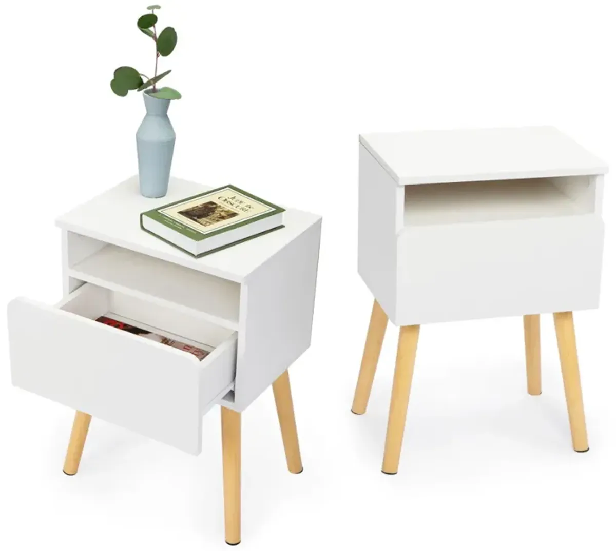 Modern White Bedside Table with Drawers and Shelves