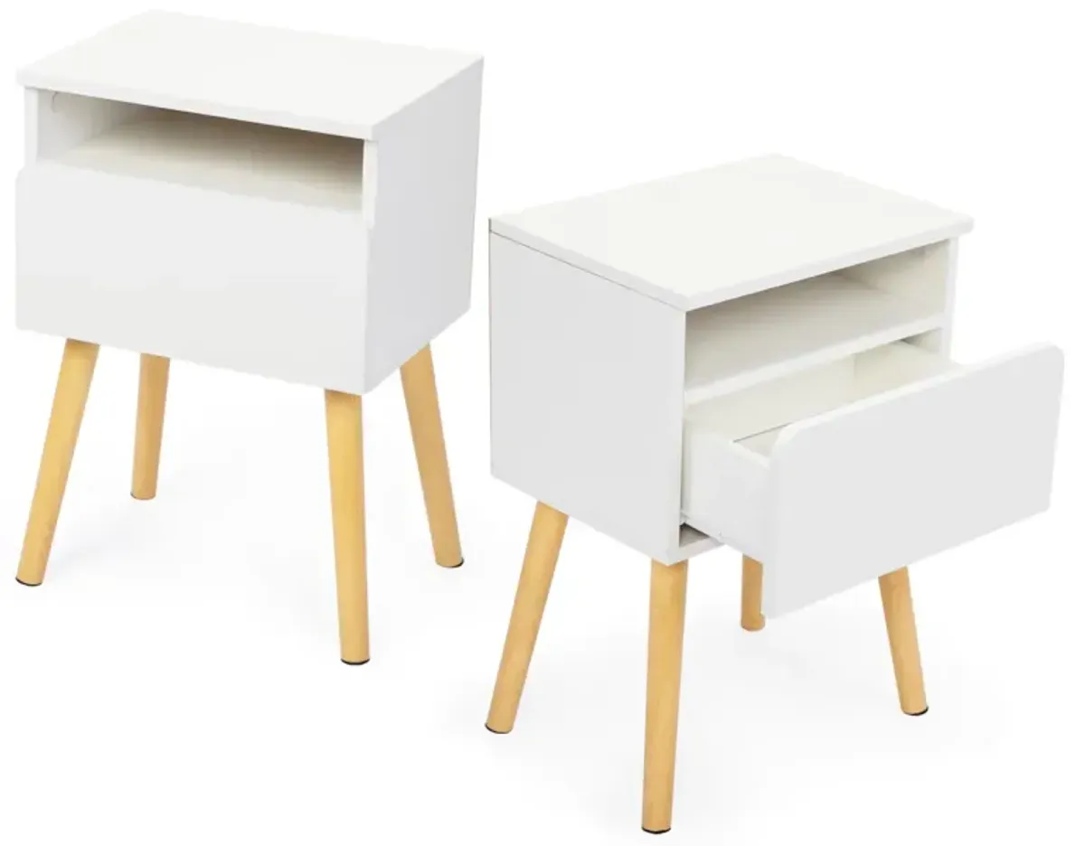 Modern White Bedside Table with Drawers and Shelves