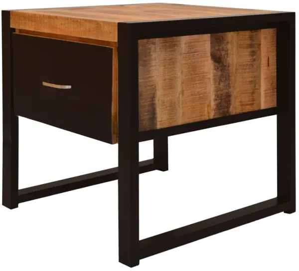24 Inch Single Drawer Mango Wood Bedside Table, Iron Sled Style Base, Brown, Black-Benzara