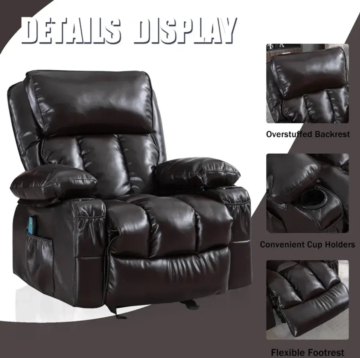 Recliner Chair Heating Massage For Living Room With Rocking Function And Side Pocket(Brown)