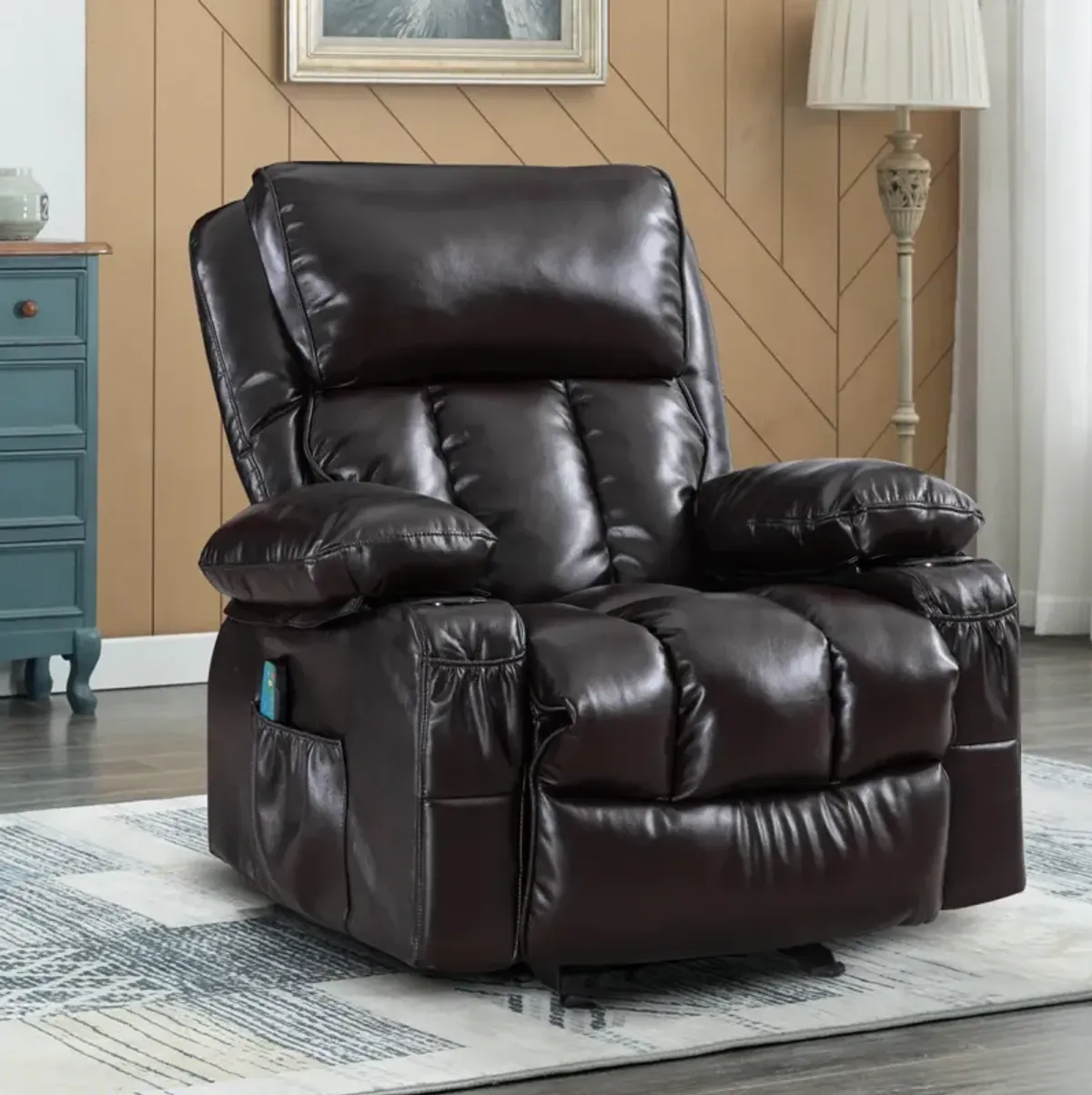 Recliner Chair Heating Massage For Living Room With Rocking Function And Side Pocket(Brown)