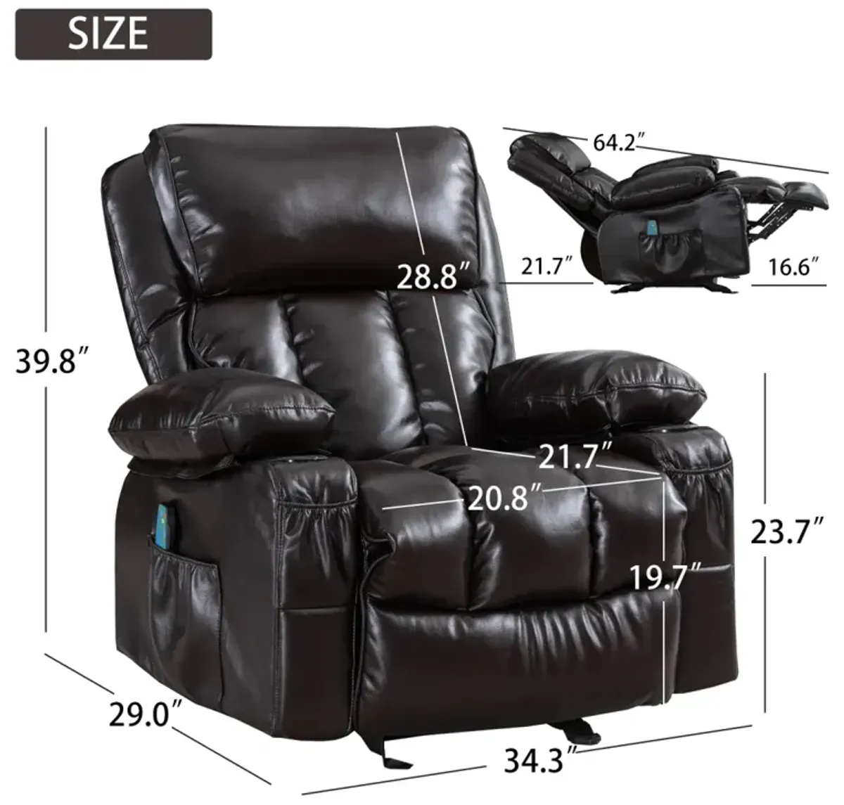 Recliner Chair Heating Massage For Living Room With Rocking Function And Side Pocket(Brown)