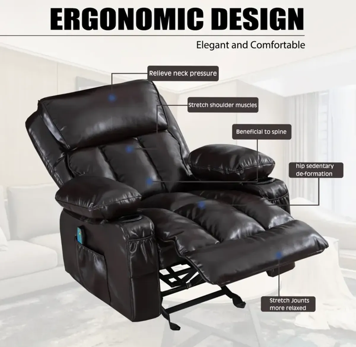 Recliner Chair Heating Massage For Living Room With Rocking Function And Side Pocket(Brown)