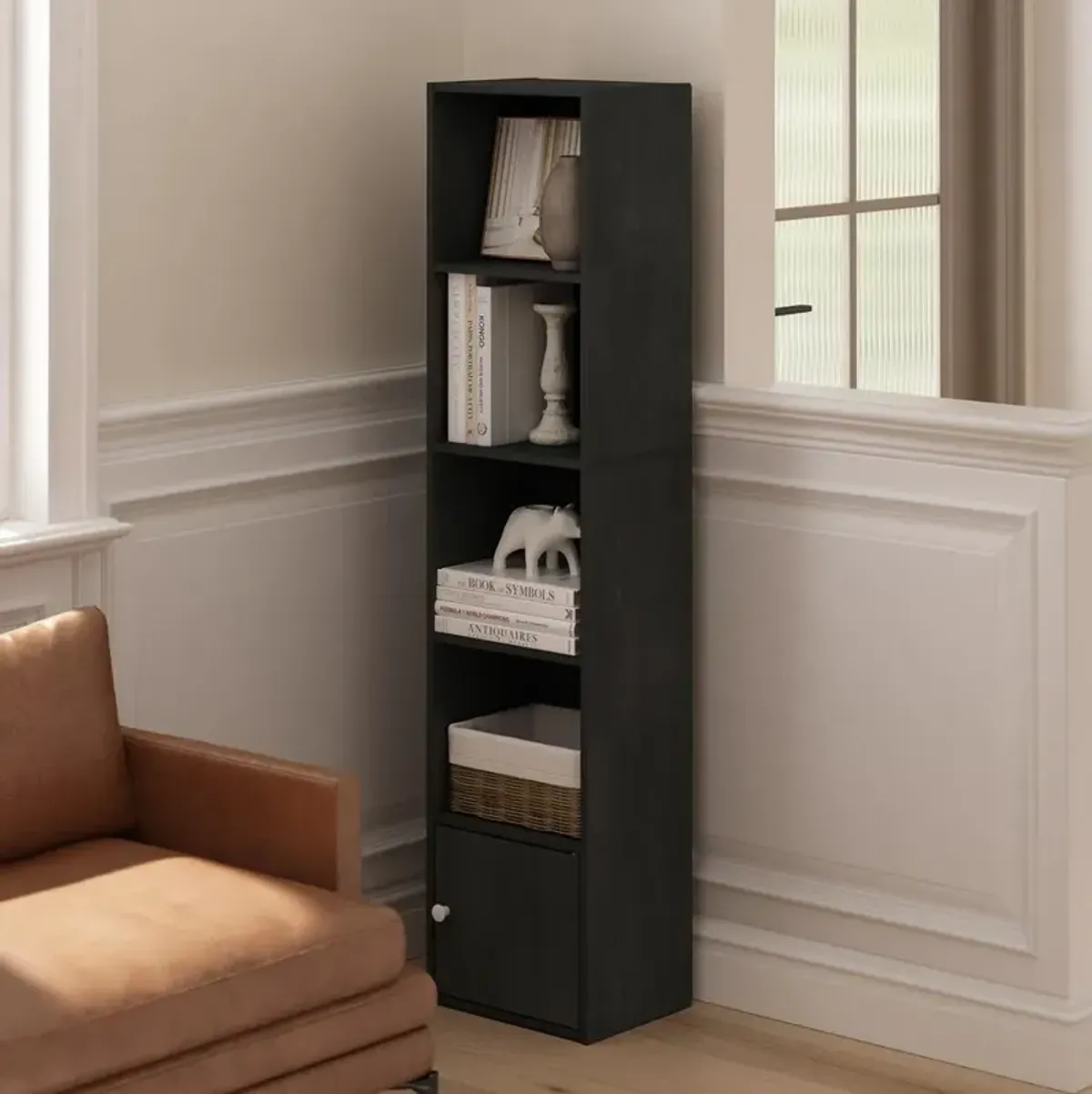 Furinno Luder 5-Tier Shelf Bookcase with 1 Door Storage Cabinet, Blackwood