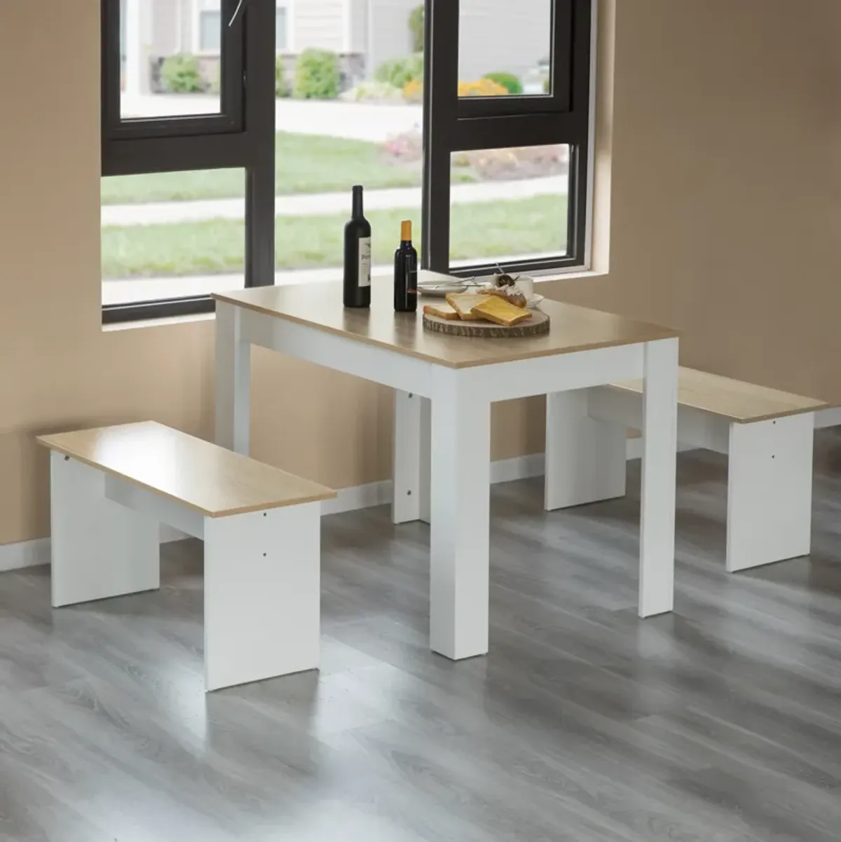 White Modern Wooden Dining Table with Two Benches, Three Piece Set, Writing Desk