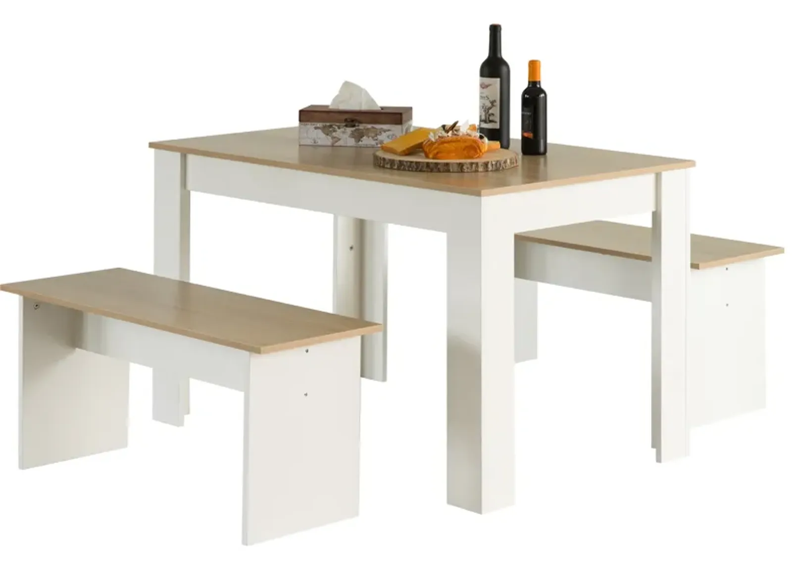 White Modern Wooden Dining Table with Two Benches, Three Piece Set, Writing Desk