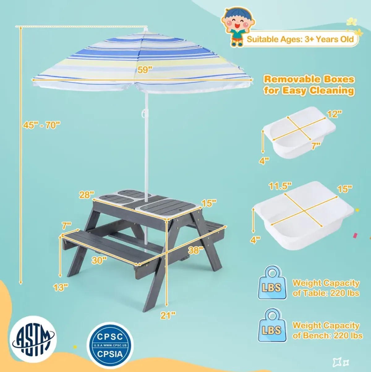 Kids Picnic Table Set with 3 Removable Bins – Fun and Functional Outdoor Play Table with Storage