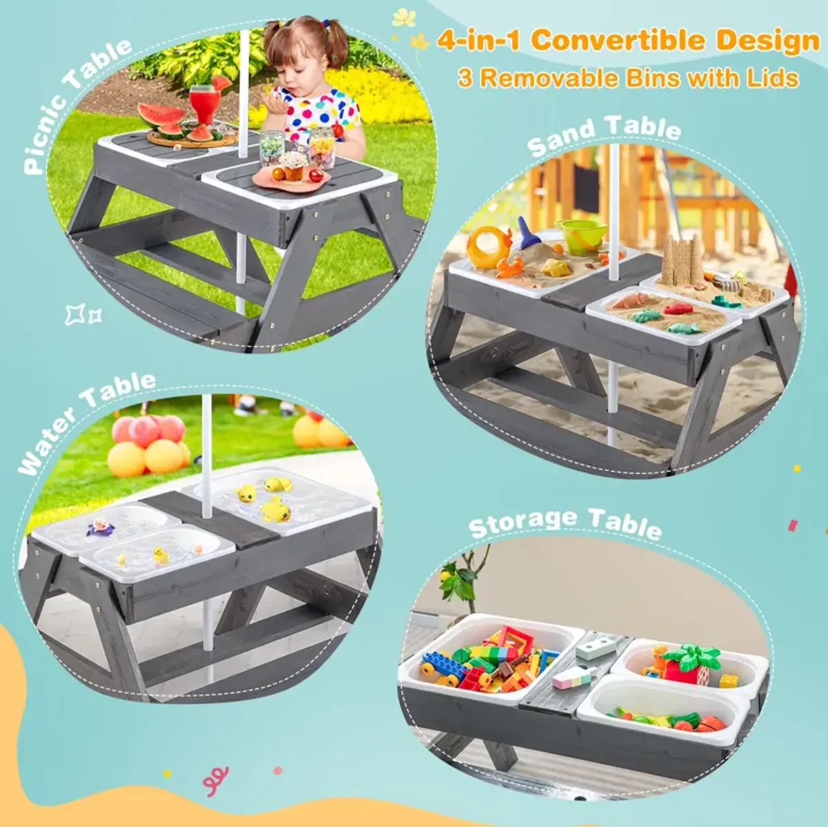 Kids Picnic Table Set with 3 Removable Bins – Fun and Functional Outdoor Play Table with Storage