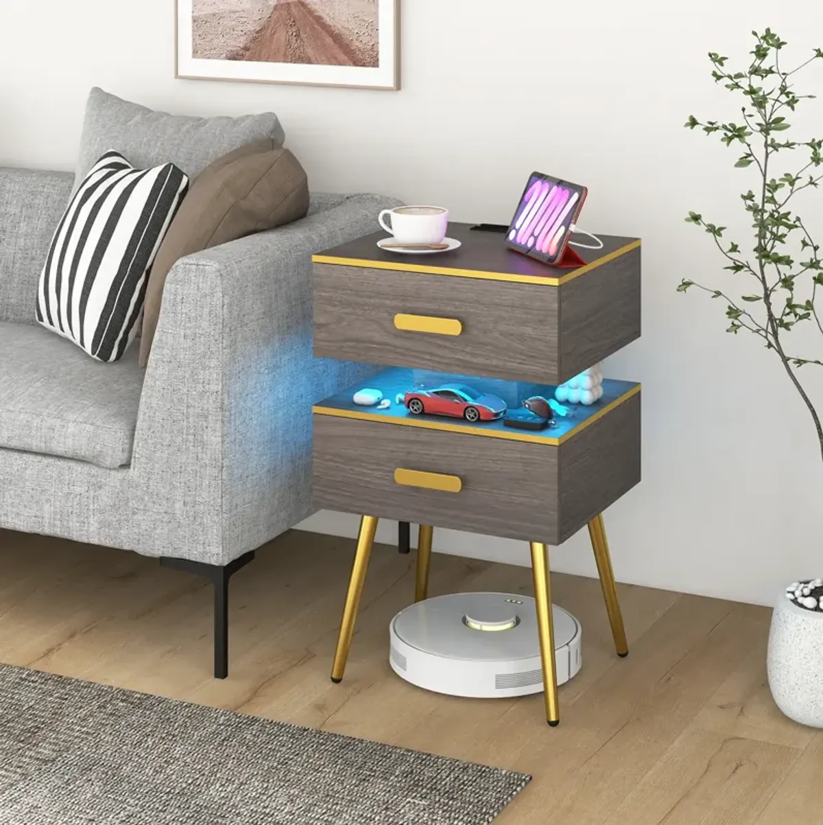 Nightstand Sofa Side Tables with Charging Station and 2 Drawers and LED lights-Grey