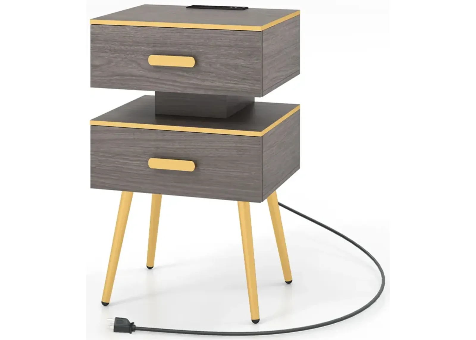 Nightstand Sofa Side Tables with Charging Station and 2 Drawers and LED lights-Grey