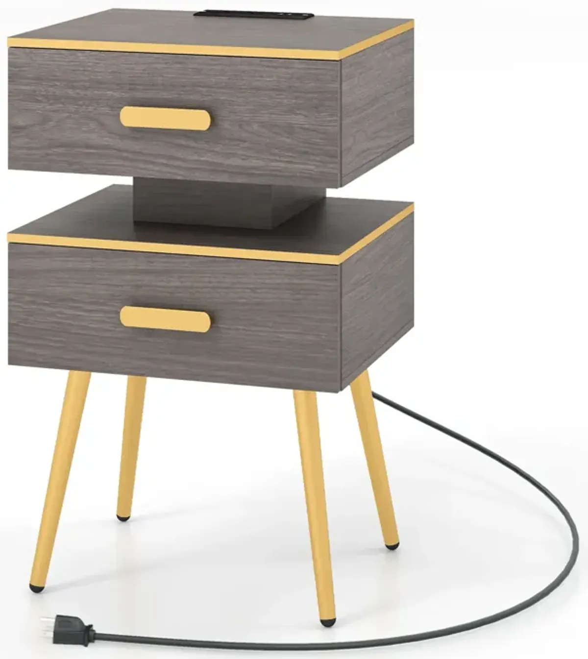 Nightstand Sofa Side Tables with Charging Station and 2 Drawers and LED lights-Grey