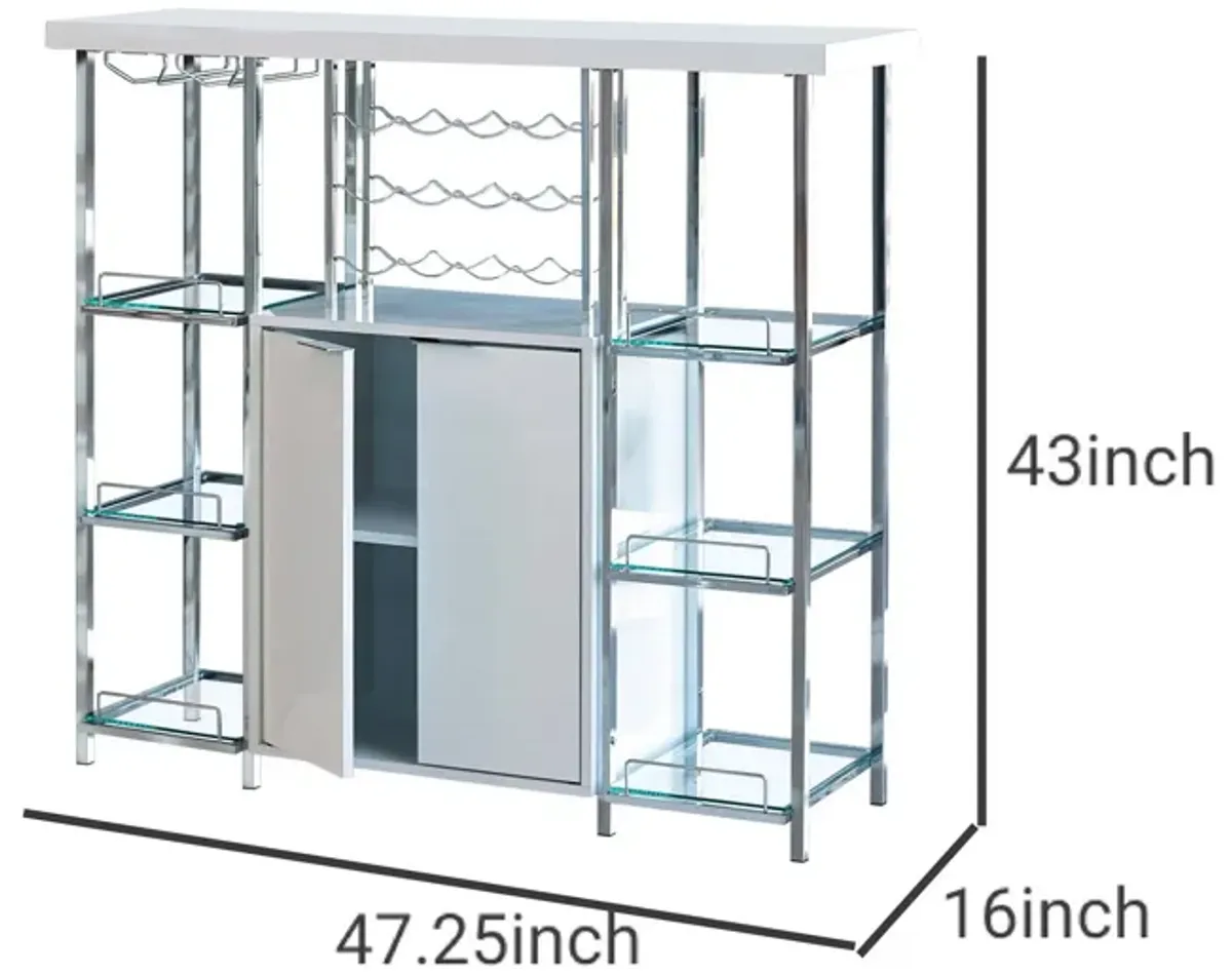 6 Glass Shelf Metal Frame Bar Cabinet with Power Outlet, Clear and Chrome-Benzara