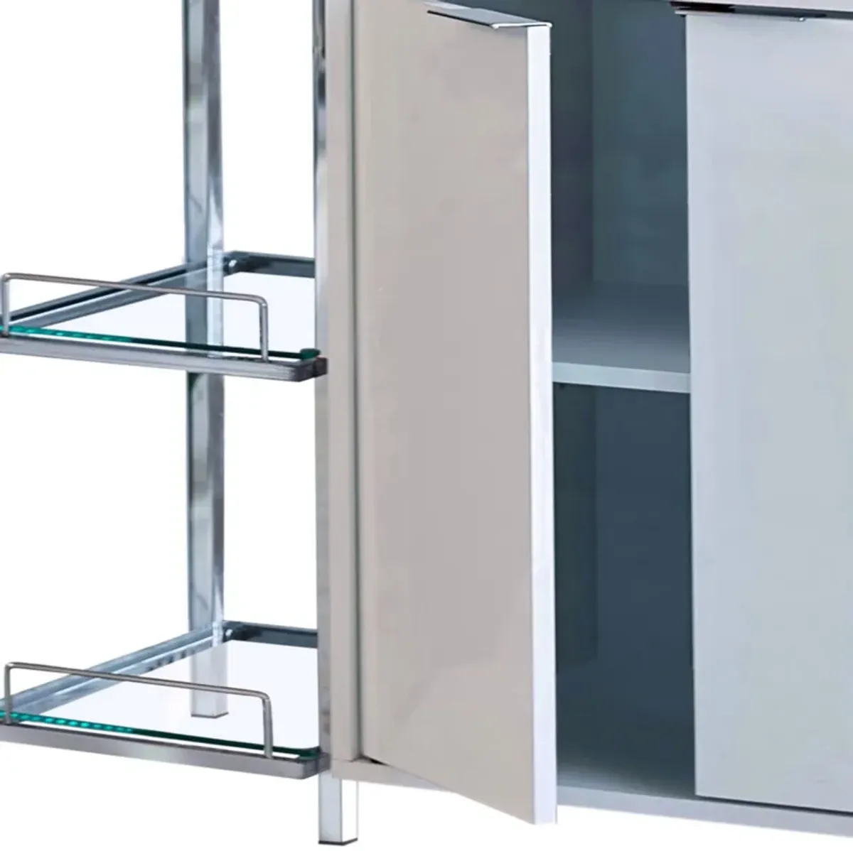 6 Glass Shelf Metal Frame Bar Cabinet with Power Outlet, Clear and Chrome-Benzara