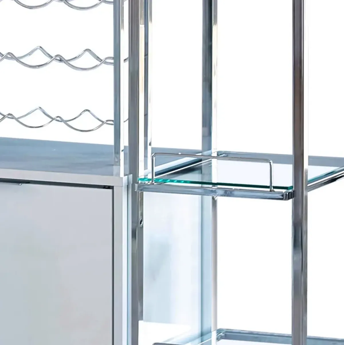 6 Glass Shelf Metal Frame Bar Cabinet with Power Outlet, Clear and Chrome-Benzara