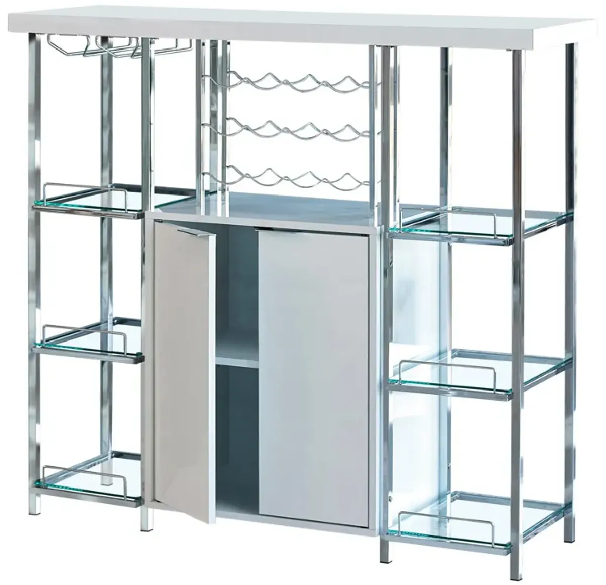 6 Glass Shelf Metal Frame Bar Cabinet with Power Outlet, Clear and Chrome-Benzara