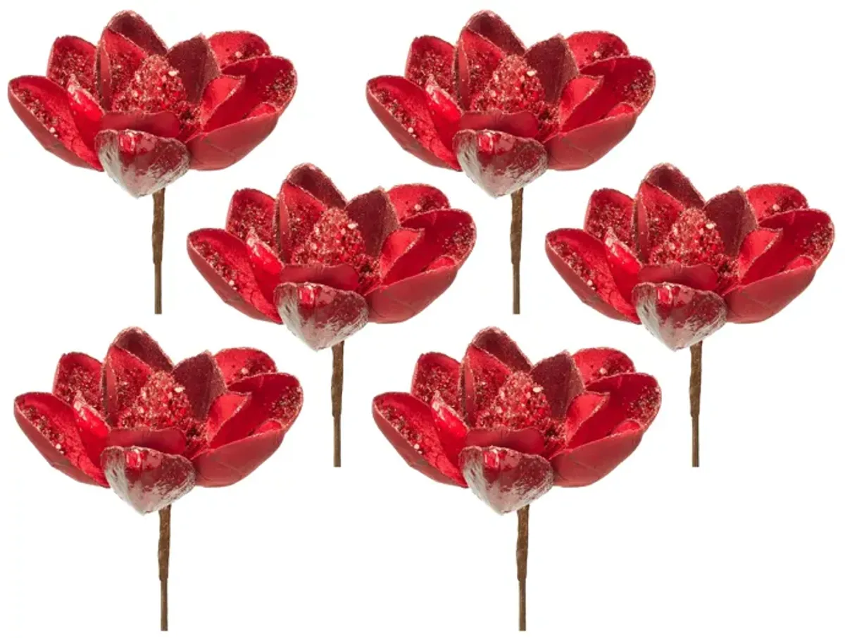 Velvet Magnolia Stem with Bead Accents Luxurious Faux Floral for Elegant Decor (Set of 6)