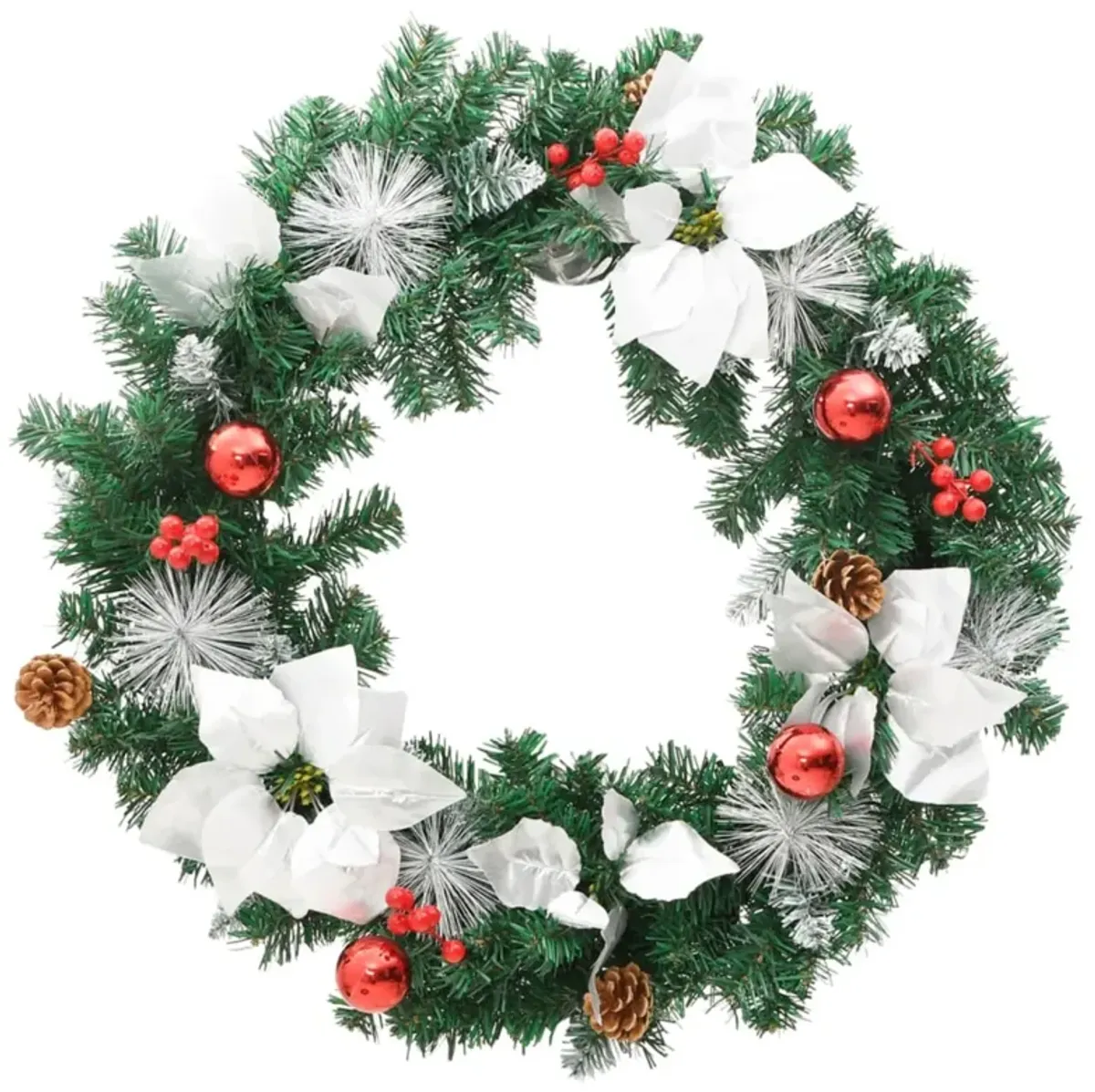 vidaXL 23.6" Christmas Wreath with LED Lights and Decorative Baubles - Green, Silver & Red - PVC Material - Indoor/Outdoor Use