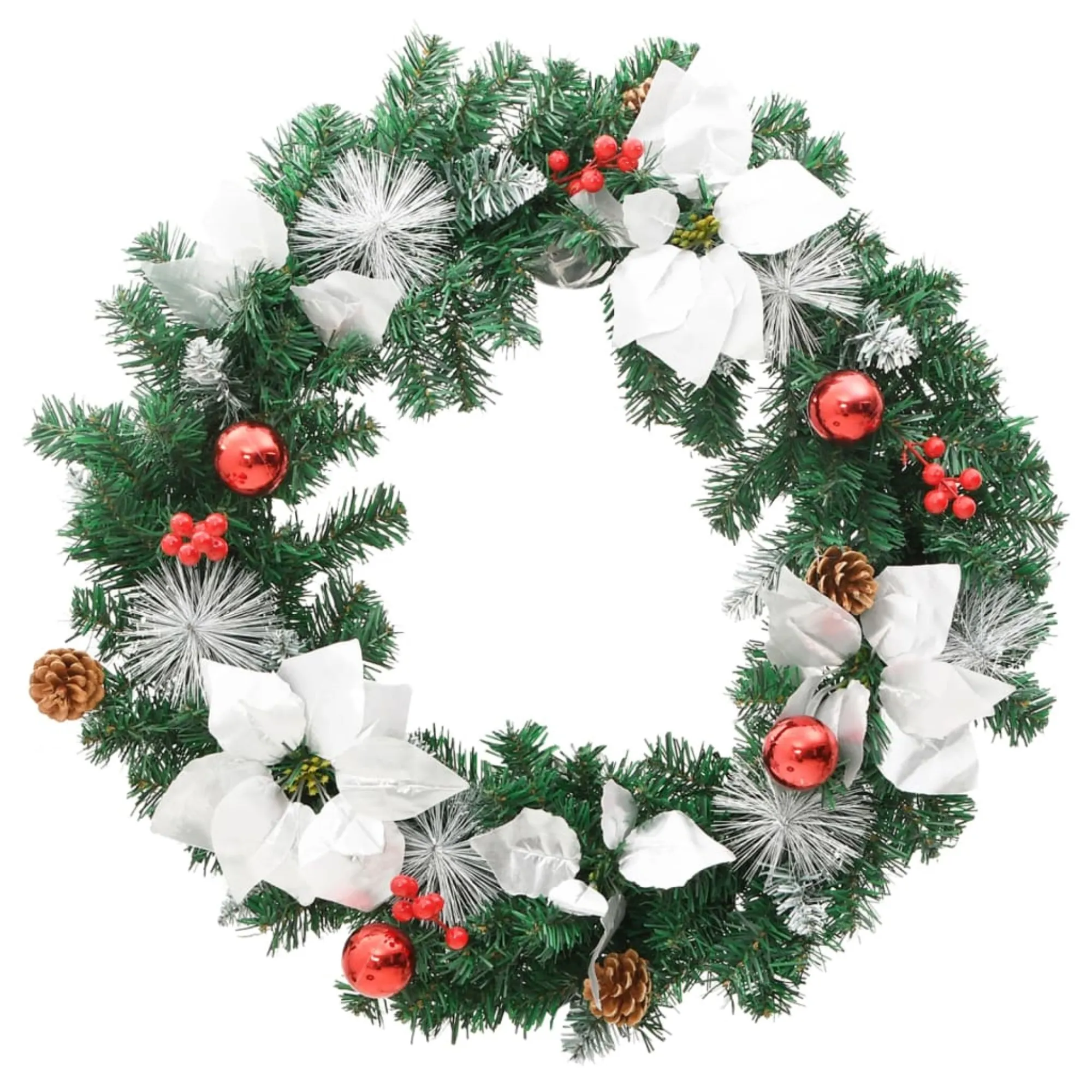 vidaXL 23.6" Christmas Wreath with LED Lights and Decorative Baubles - Green, Silver & Red - PVC Material - Indoor/Outdoor Use