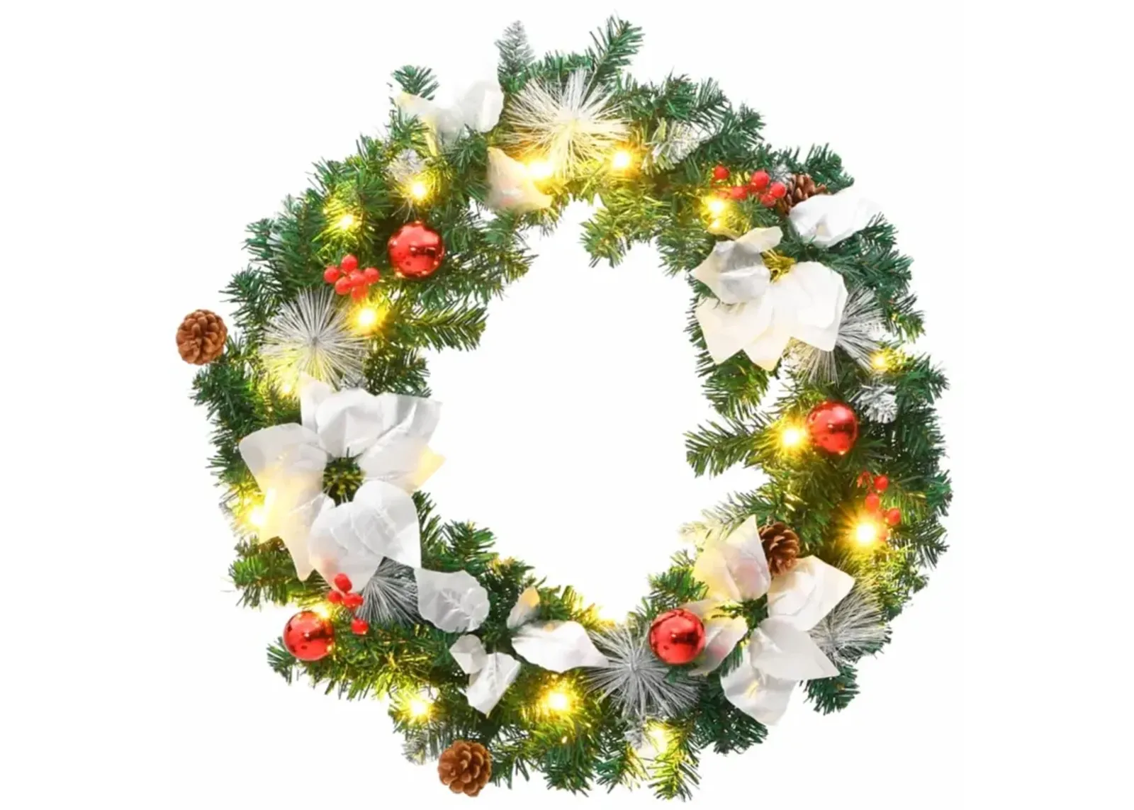 vidaXL 23.6" Christmas Wreath with LED Lights and Decorative Baubles - Green, Silver & Red - PVC Material - Indoor/Outdoor Use