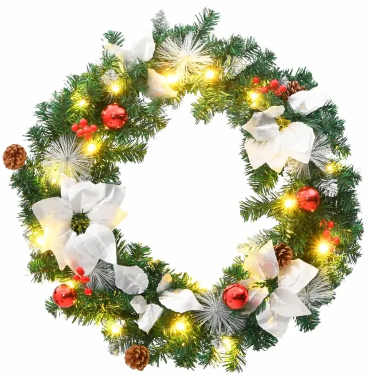 vidaXL 23.6" Christmas Wreath with LED Lights and Decorative Baubles - Green, Silver & Red - PVC Material - Indoor/Outdoor Use