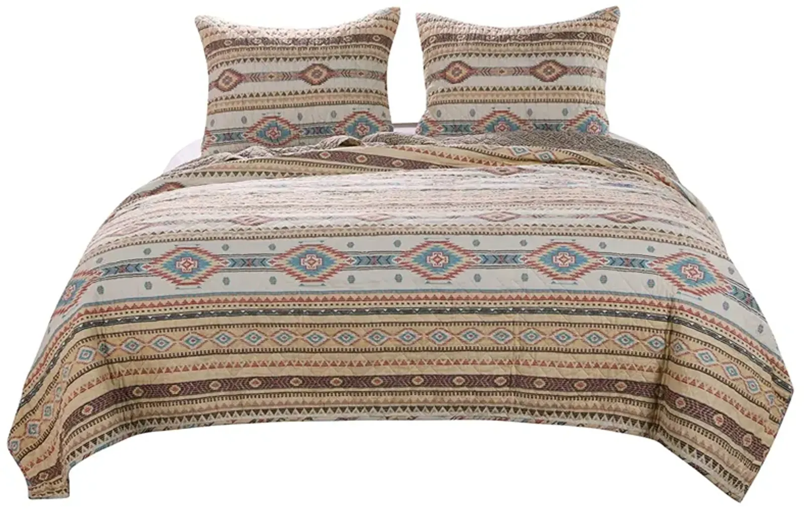 King Size 3 Piece Polyester Quilt Set with Kilim Pattern, Multicolor - Benzara