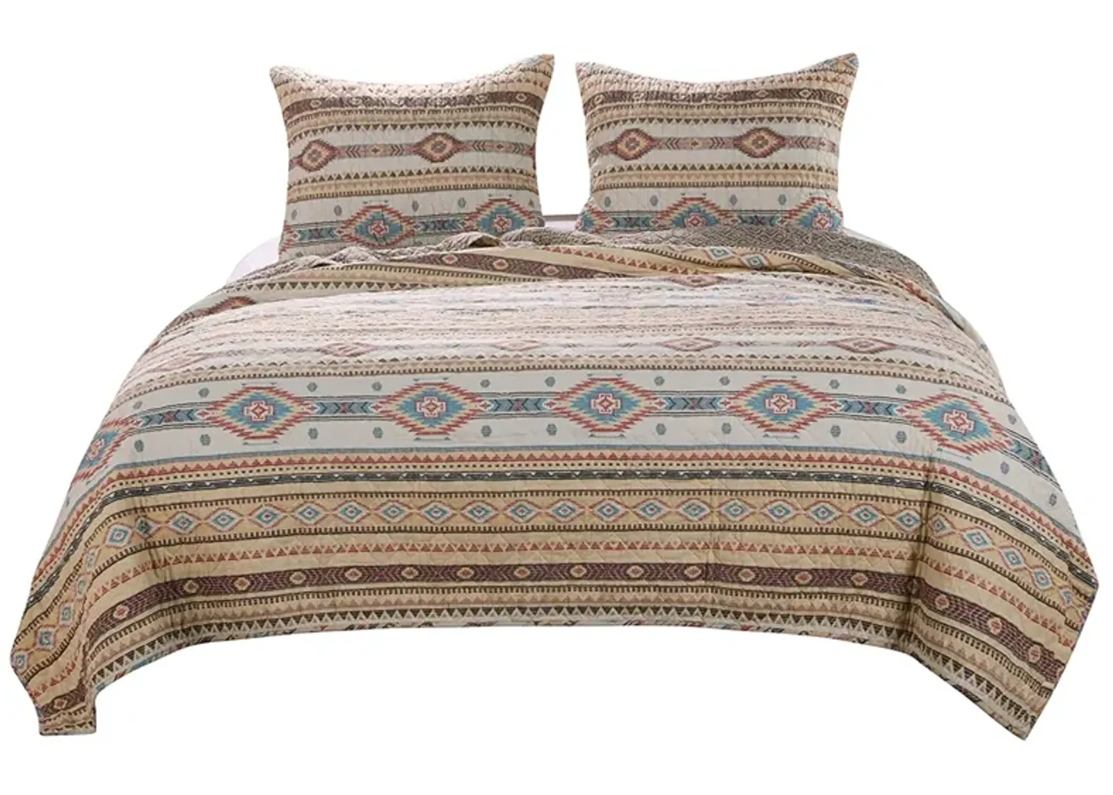 King Size 3 Piece Polyester Quilt Set with Kilim Pattern, Multicolor - Benzara