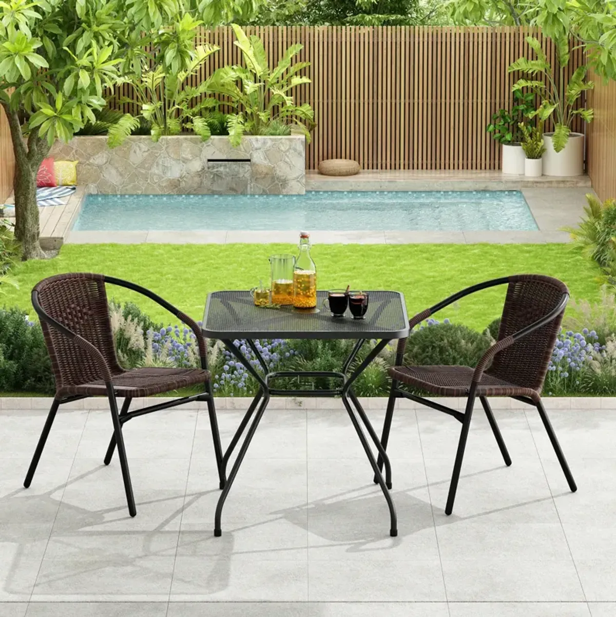 Patio Bistro Table, Outdoor Metal Dining Table with Umbrella Hole, Weather-Resistant for Patio Backyard Lawn Pool, Black