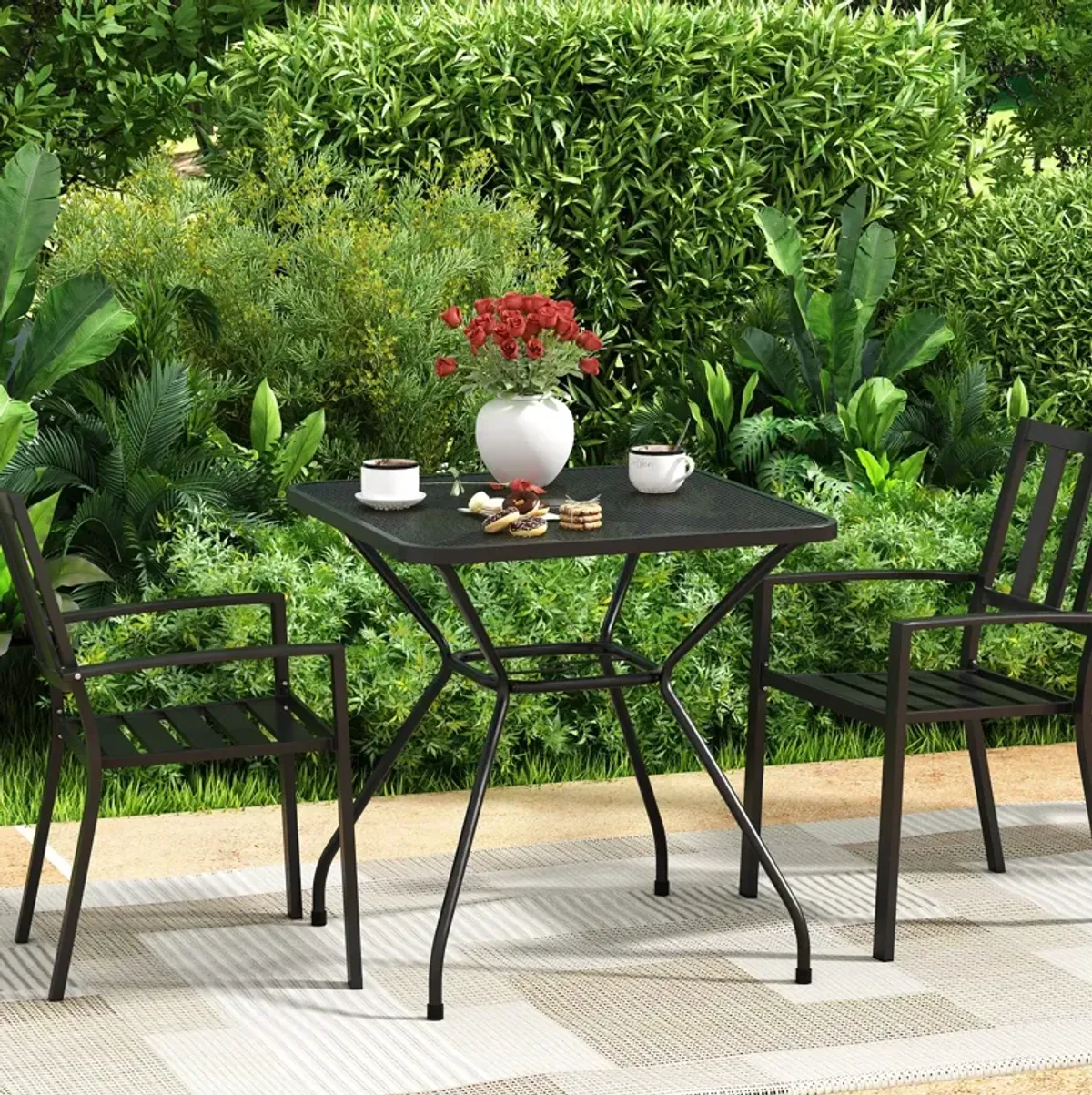 Patio Bistro Table, Outdoor Metal Dining Table with Umbrella Hole, Weather-Resistant for Patio Backyard Lawn Pool, Black