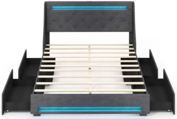 Full Size Bed Frame with LED Lights Wingback Headboard and Charging Station-Grey