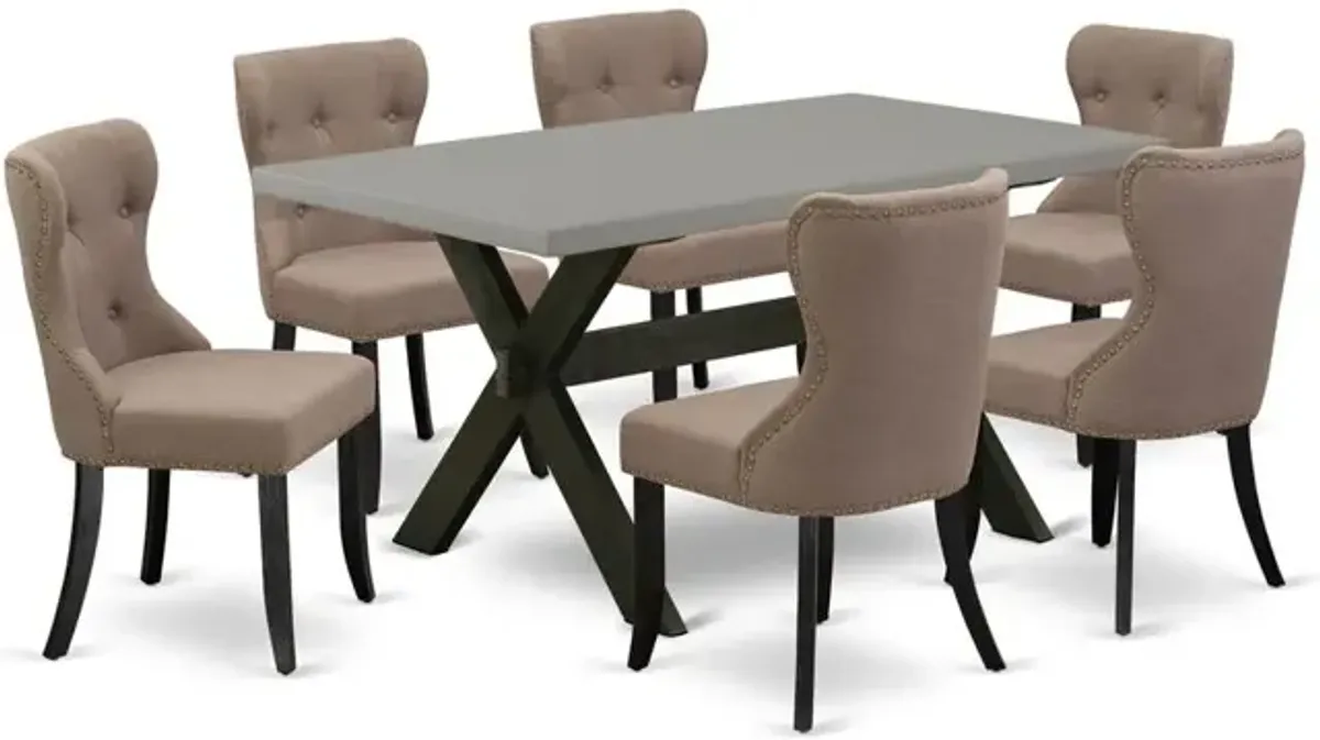 East West Furniture X696SI648-7 7-Piece Kitchen Dining Set- 6 Upholstered Dining Chairs with Coffee Linen Fabric Seat and Button Tufted Chair Back - Rectangular Table Top & Wooden Cross Legs - Cement