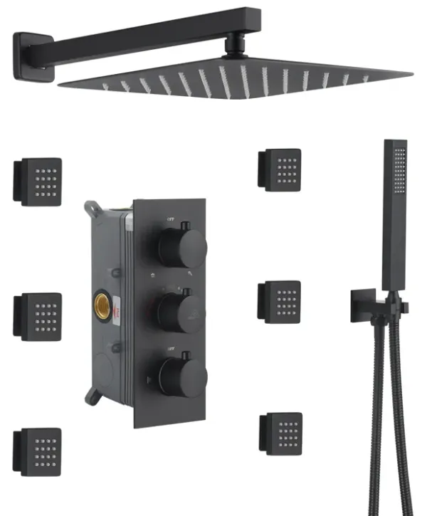 Mondawe 3 Functions Wall Mounted Thermostatic Shower System with 6 Body Jets and Rough-in Valve in Matte Black