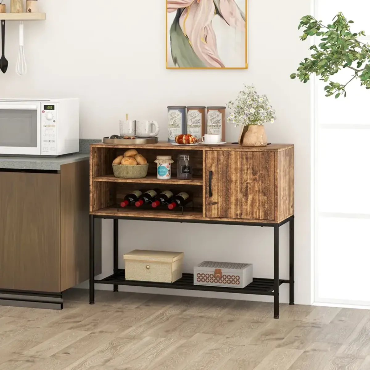 Buffet Sideboard Coffee Bar Cabinet with Power Outlets and USB Ports-Rustic Brown