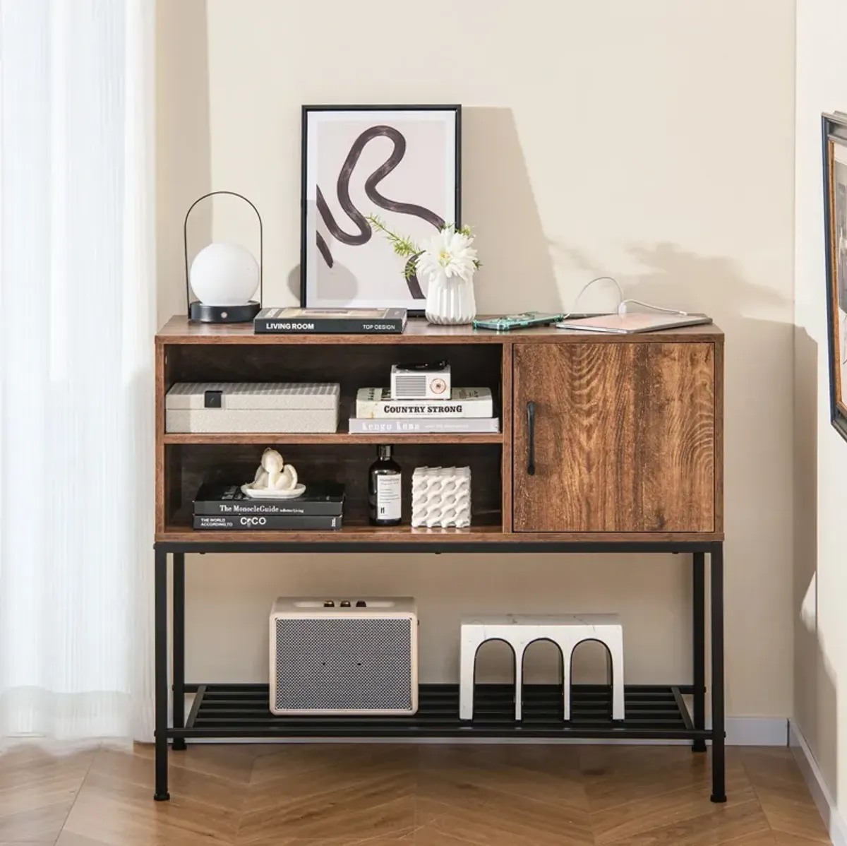 Buffet Sideboard Coffee Bar Cabinet with Power Outlets and USB Ports-Rustic Brown