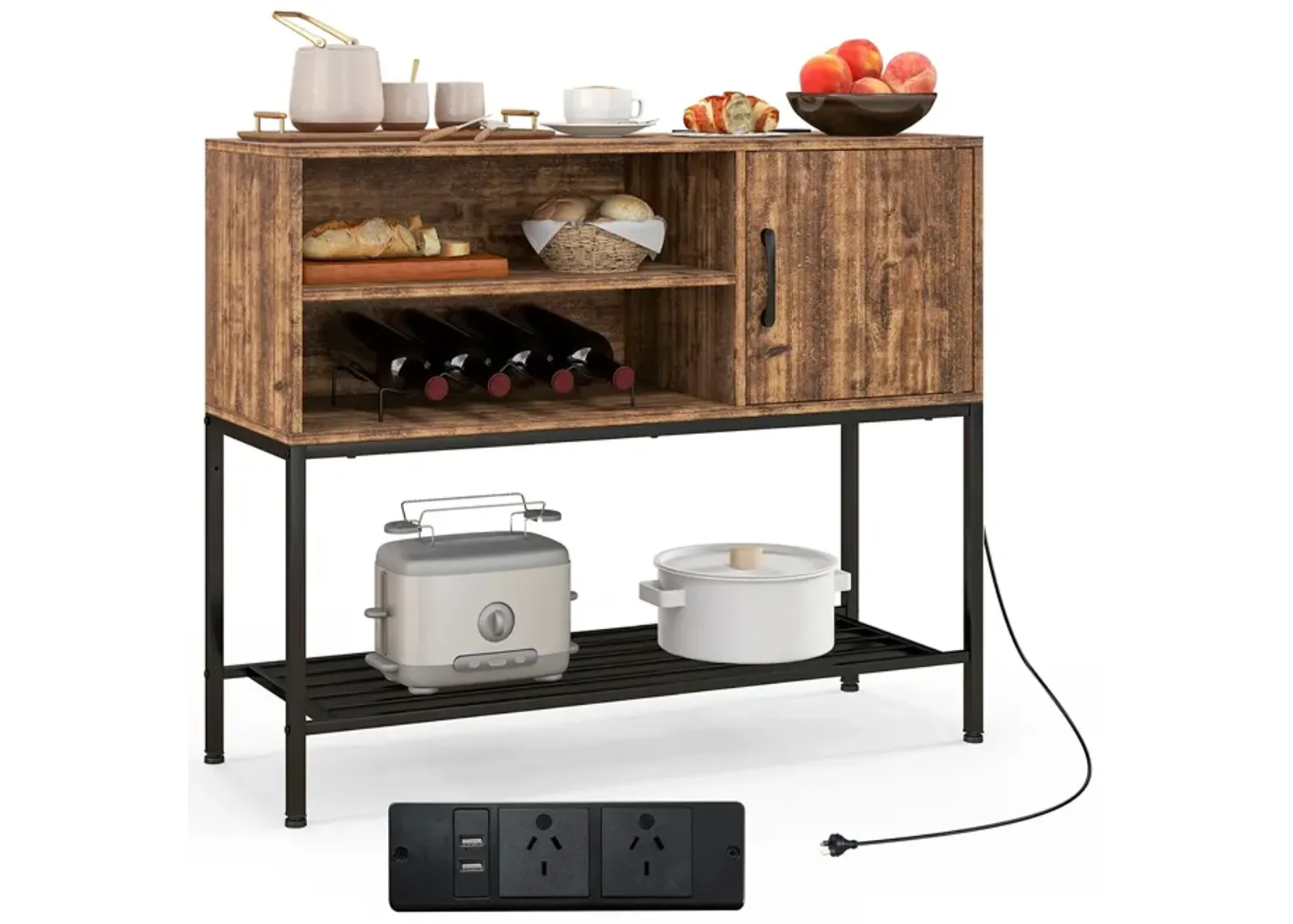 Buffet Sideboard Coffee Bar Cabinet with Power Outlets and USB Ports-Rustic Brown