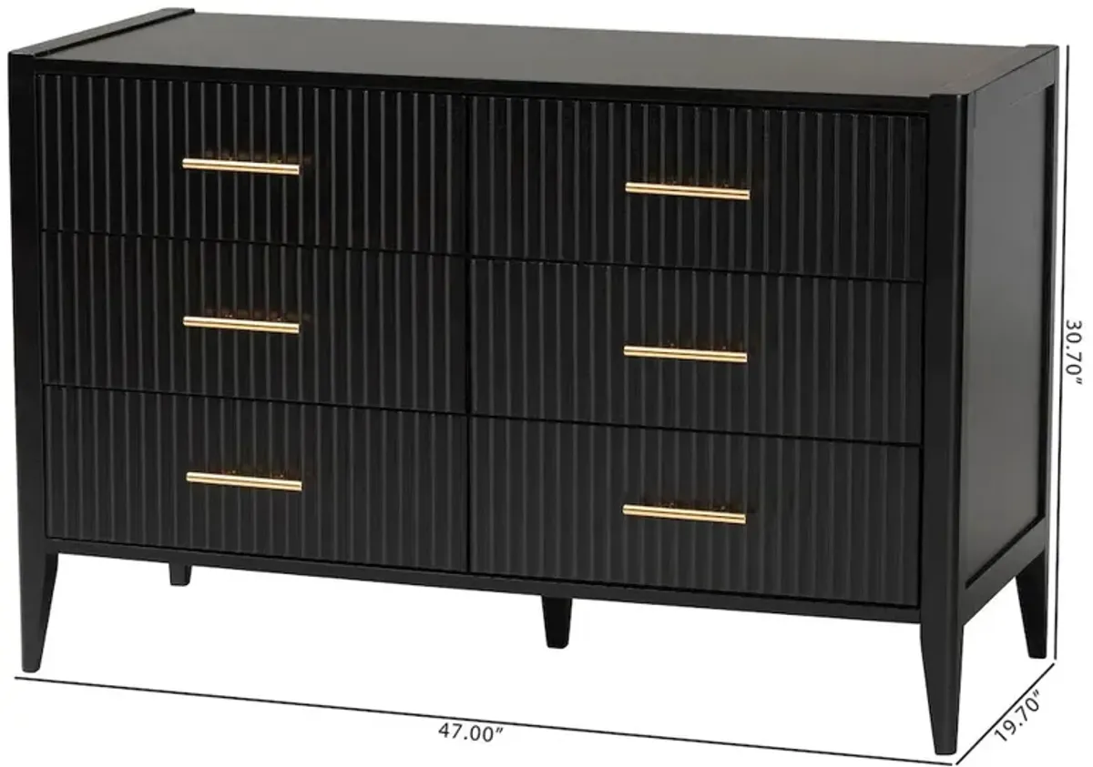 Baxton Studio Primrose Mid-Century Black Fluted Wood 6-Drawer Dresser