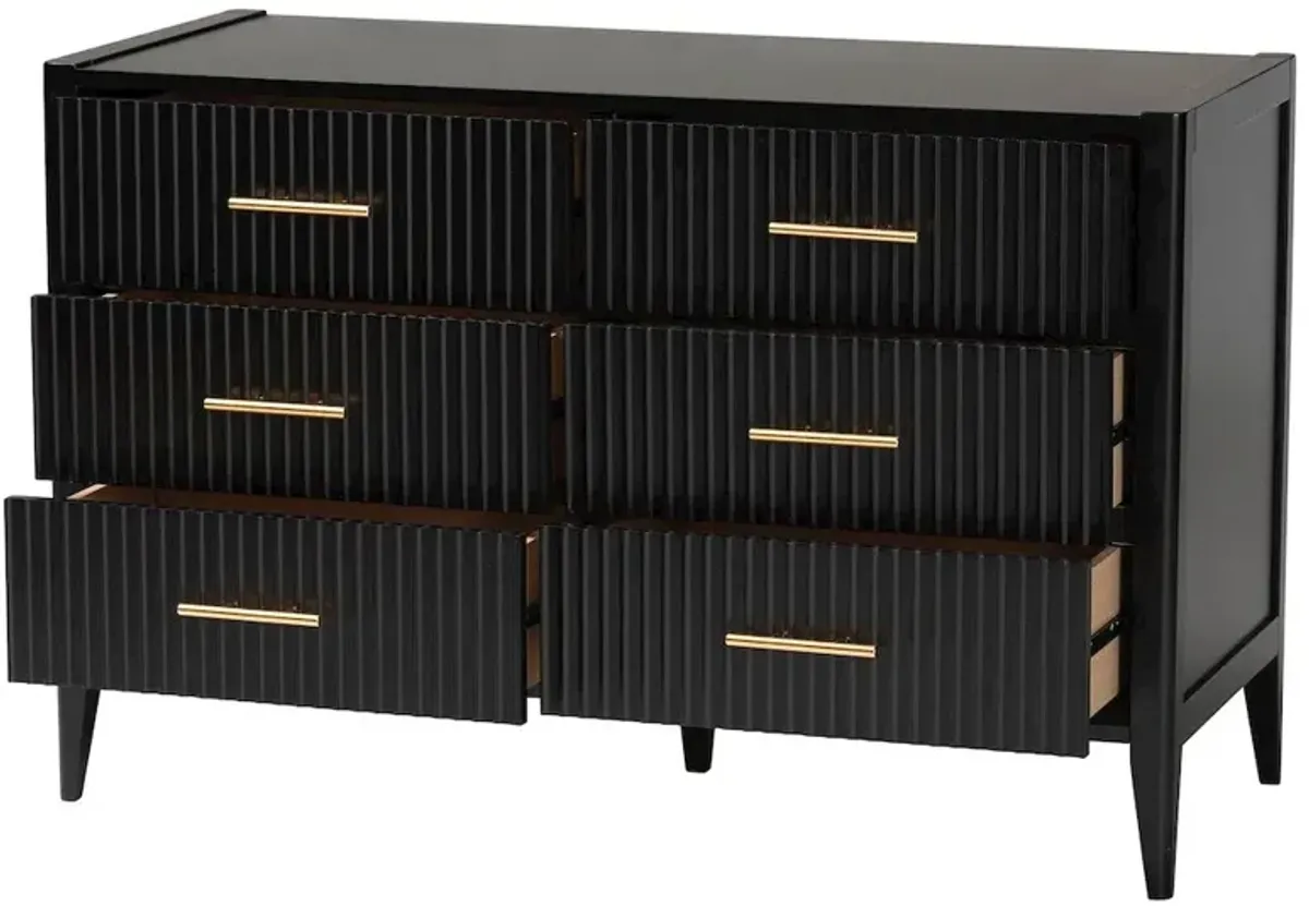 Baxton Studio Primrose Mid-Century Black Fluted Wood 6-Drawer Dresser