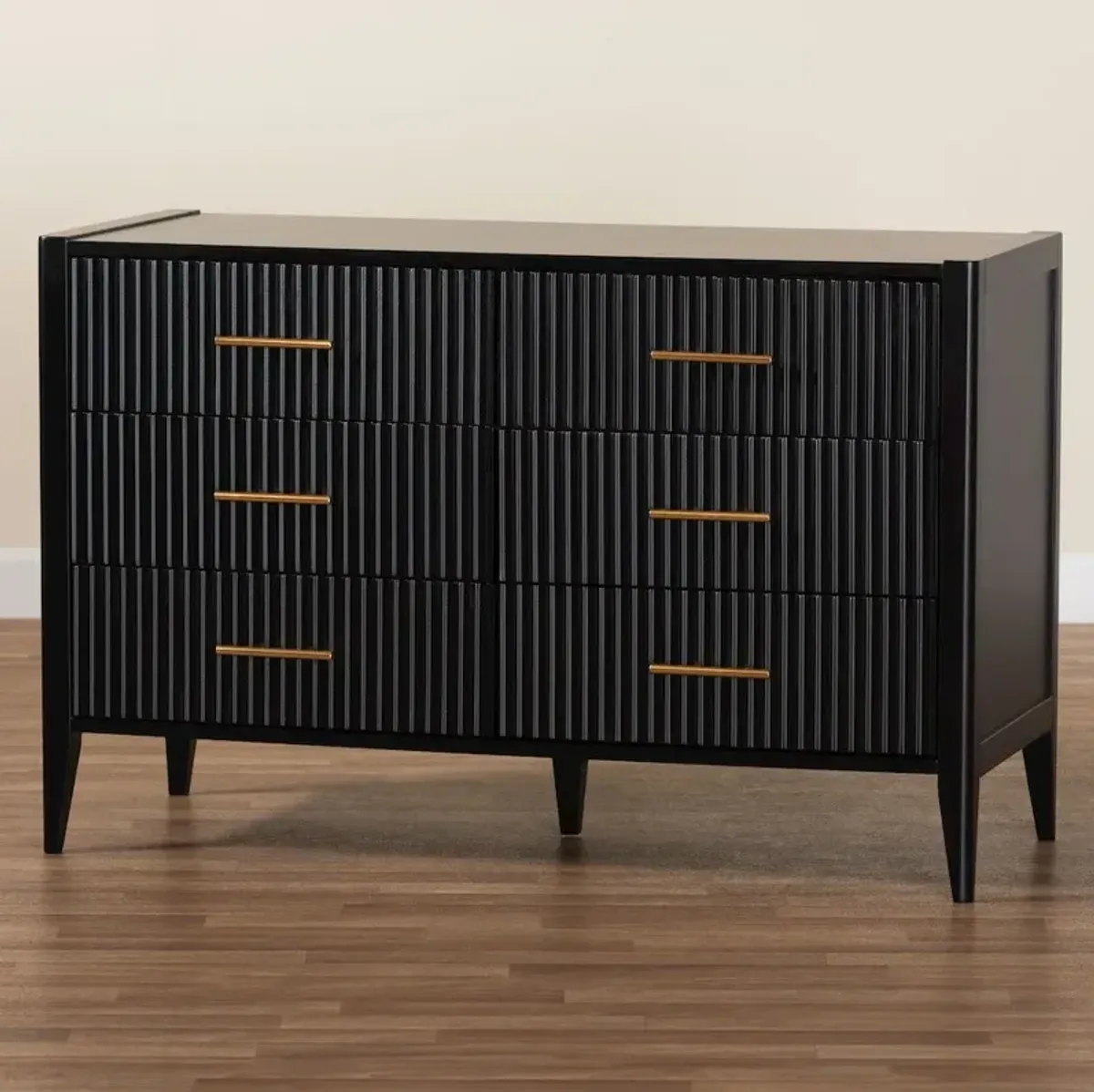 Baxton Studio Primrose Mid-Century Black Fluted Wood 6-Drawer Dresser