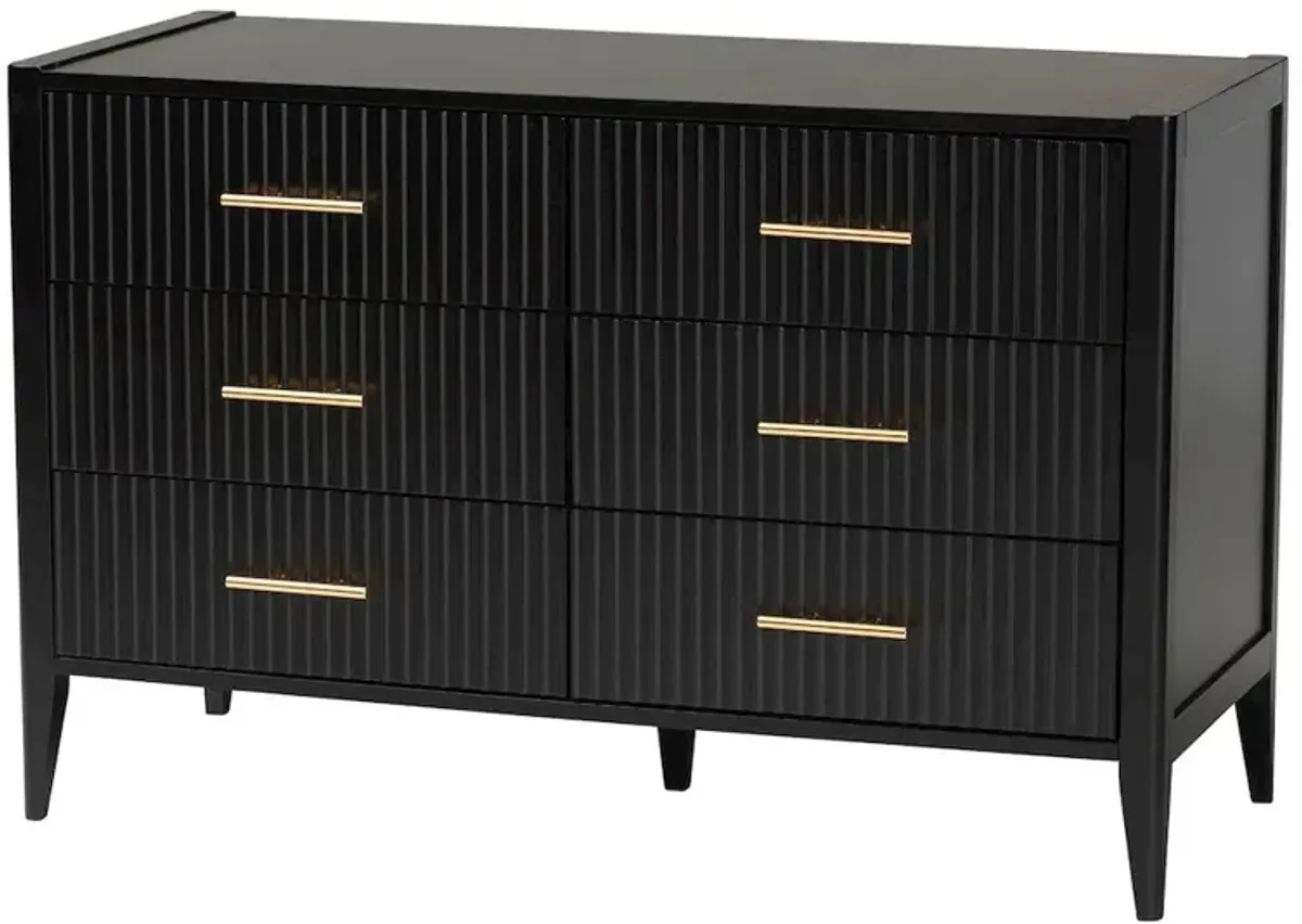 Baxton Studio Primrose Mid-Century Black Fluted Wood 6-Drawer Dresser