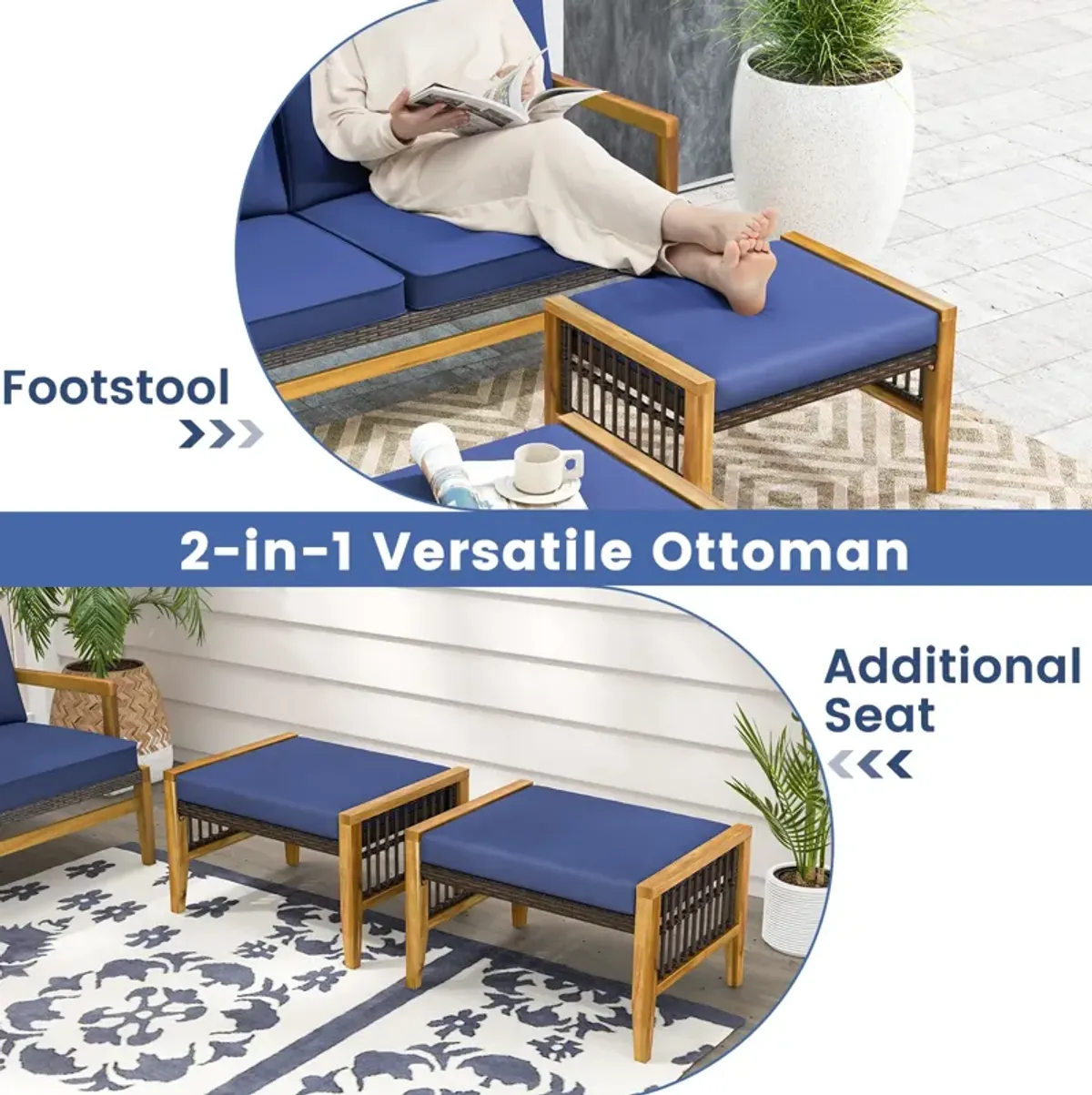 Patio Acacia Wood Ottomans with Cushions and Versatile Rattan Woven Footstools-Navy