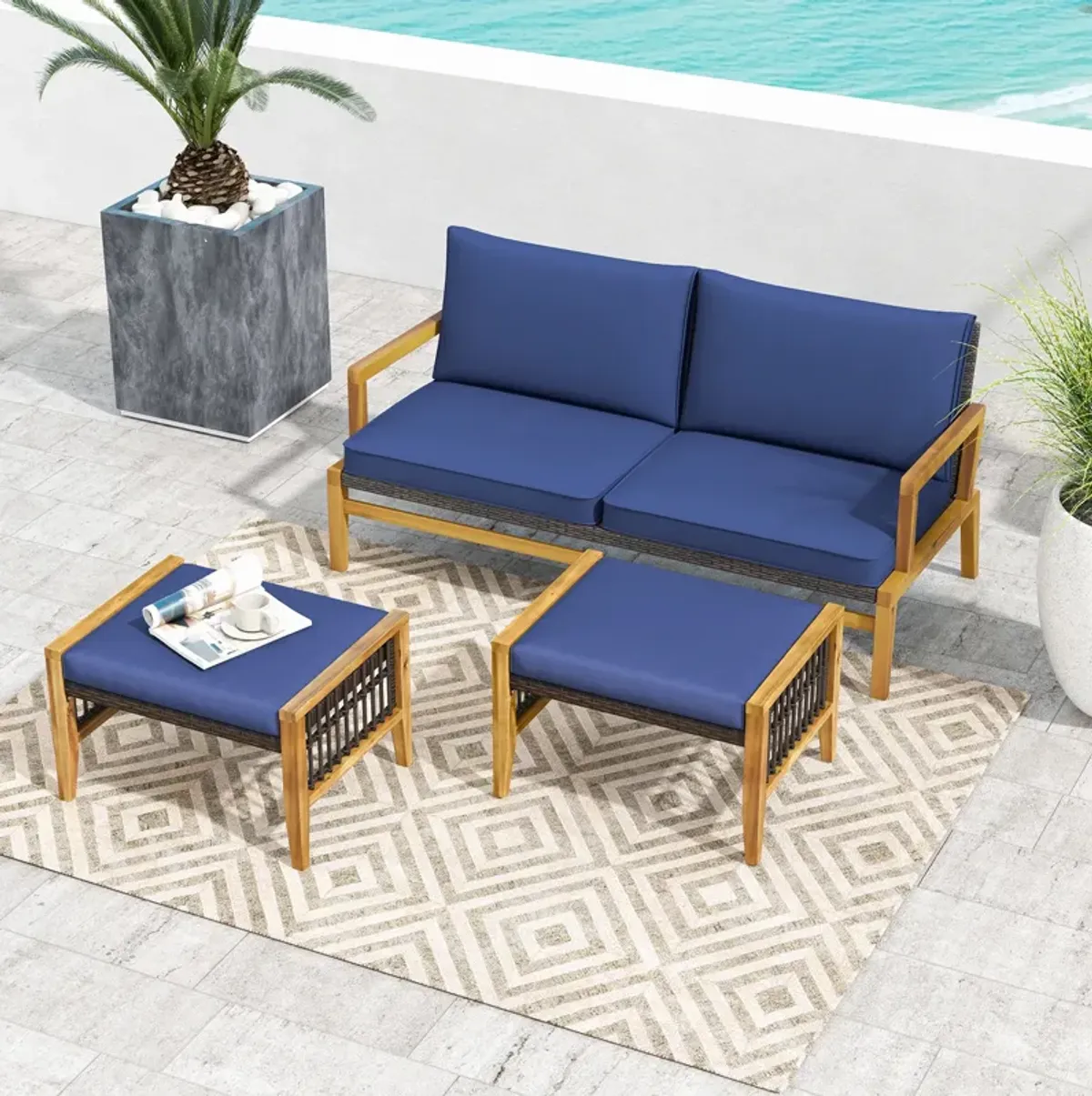 Patio Acacia Wood Ottomans with Cushions and Versatile Rattan Woven Footstools-Navy