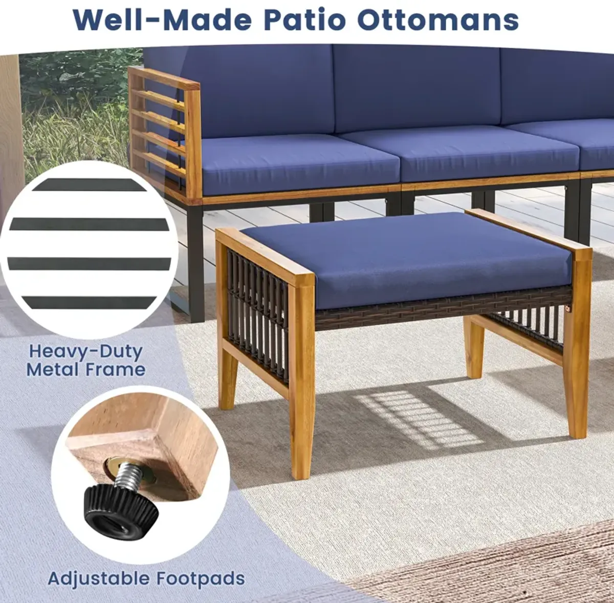 Patio Acacia Wood Ottomans with Cushions and Versatile Rattan Woven Footstools-Navy