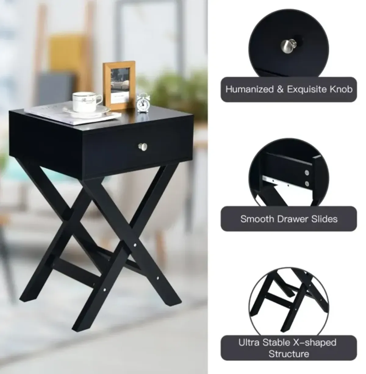 Hivvago Modern X-Shaped Nightstand with Drawer for Living Room Bedroom