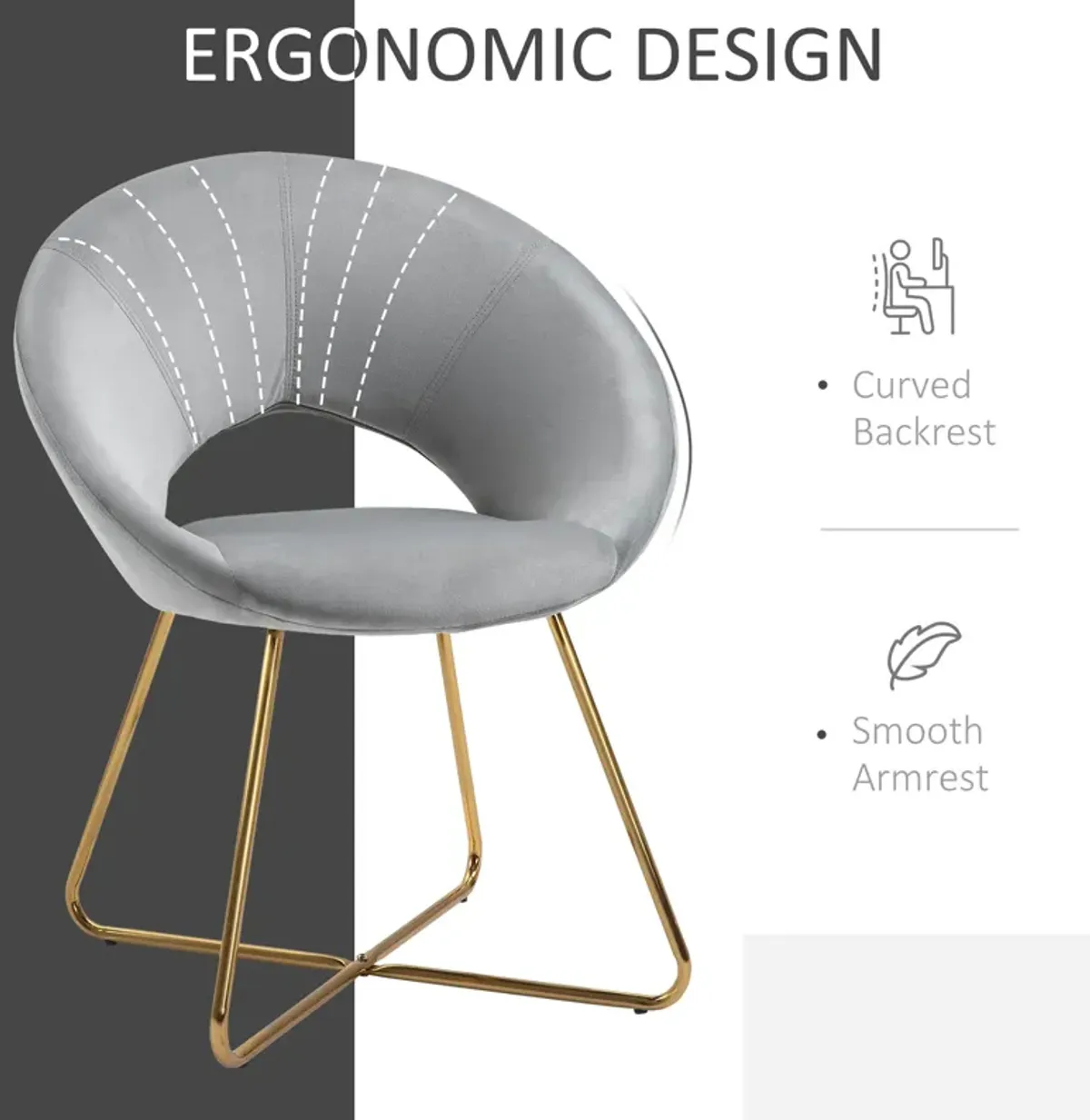 Grey Velvet Accent: Modern Curved Chair with Gold Metal Legs